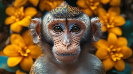 Fototapeta premium A curious monkey with large brown eyes stares directly at the camera, surrounded by a blurred background of yellow flowers.