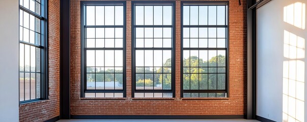 Obraz premium Industrial loft with large, metal-framed windows and exposed brick walls, natural light, urban living