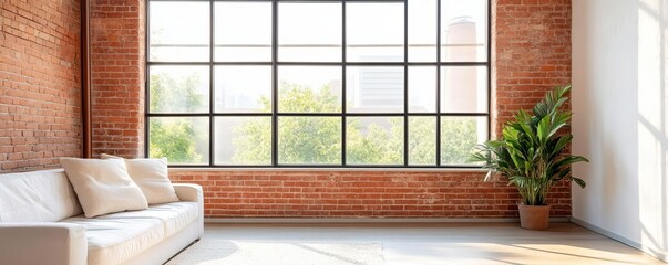 Fototapeta premium Industrial loft with large windows and exposed brick, natural light, urban style
