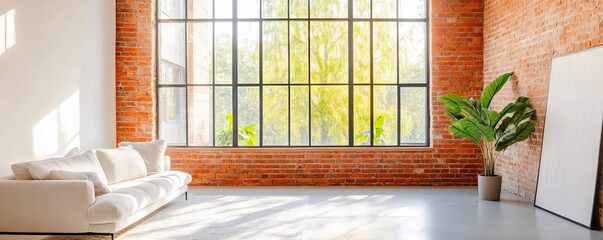 Industrial loft with large windows and exposed brick, natural light, urban style