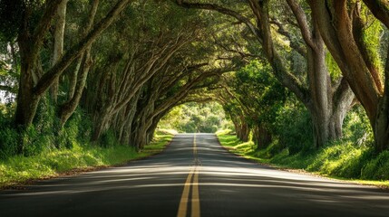 Close-up of a scenic road with a canopy of trees arching overhead, creating a tunnel of green and dappled sunlight