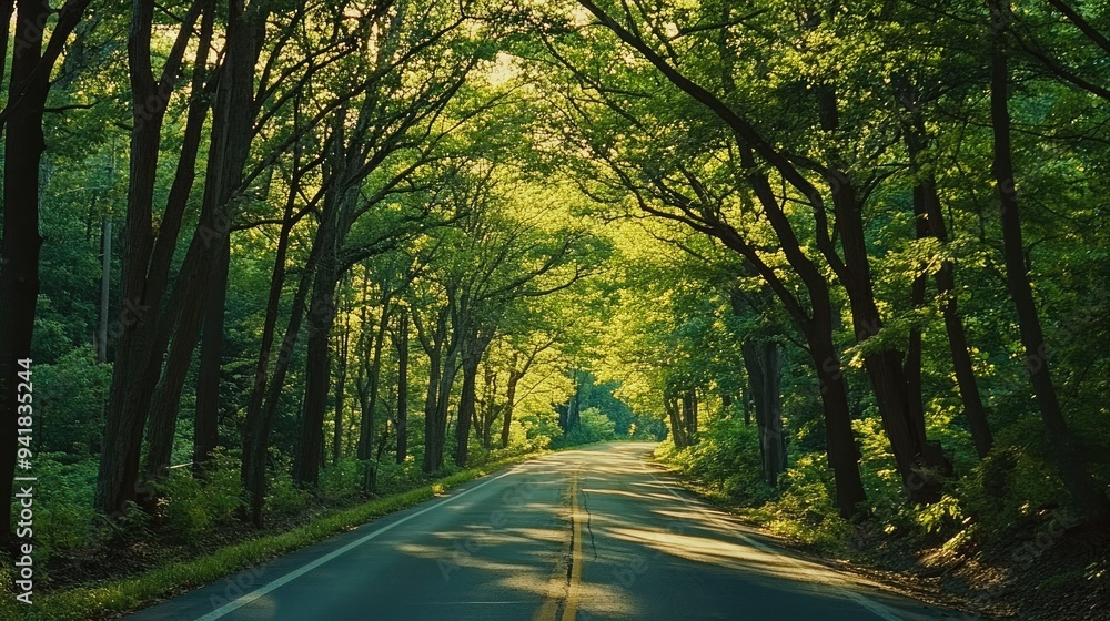 Poster close-up of a scenic road with a canopy of trees arching overhead, creating a tunnel of green and da