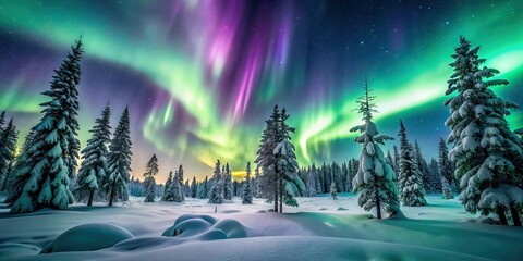 Obraz premium Mythical Arctic Tapestry: Snow-covered trees, ethereal aurora borealis, vibrant greens and purples, mystical, enchanting, otherworldly