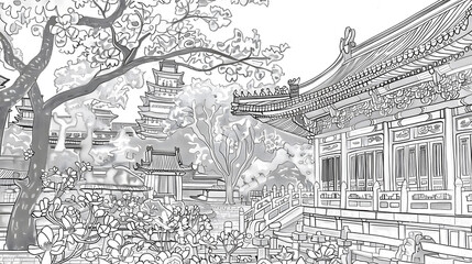 Hand Drawn Sketch Line Art Draft that showcases of Misty Japanese Temple and Garden and Chinese Temple with Cherry Blossoms at Riverside in the Morning