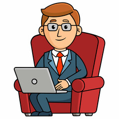 Vector Illustration of Businessman Sitting in Armchair with Laptop on White Background