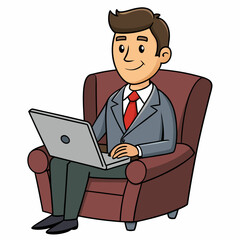 Vector Illustration of Businessman Sitting in Armchair with Laptop on White Background