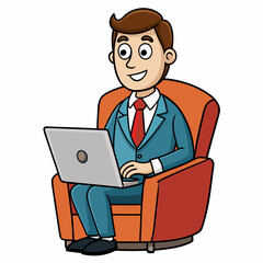 Vector Illustration of Businessman Sitting in Armchair with Laptop on White Background