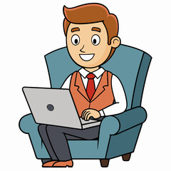 Vector Illustration of Businessman Sitting in Armchair with Laptop on White Background