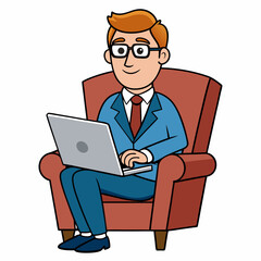 Vector Illustration of Businessman Sitting in Armchair with Laptop on White Background