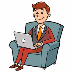 Vector Illustration of Businessman Sitting in Armchair with Laptop on White Background