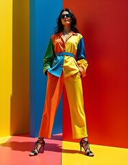 Fototapeta premium A dynamic fashion spread showcasing bold color contrasts and geometric shapes in a high-energy, modern setting, with striking poses and avant-garde designs capturing movement and style.