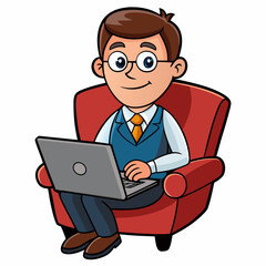 Vector Illustration of Businessman Sitting in Armchair with Laptop on White Background