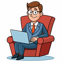 Vector Illustration of Businessman Sitting in Armchair with Laptop on White Background