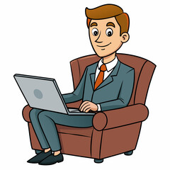 Vector Illustration of Businessman Sitting in Armchair with Laptop on White Background