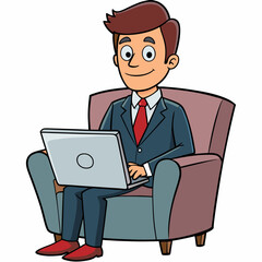 Vector Illustration of Businessman Sitting in Armchair with Laptop on White Background