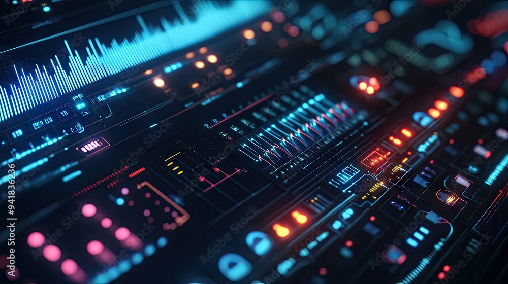 Poster close-up of a signal processing interface displaying electrical waveforms with various frequencies