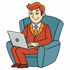 Vector Illustration of Businessman Sitting in Armchair with Laptop on White Background