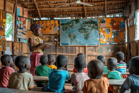 Young female teacher giving lesson to her students in african school