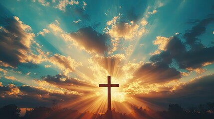 Fototapeta premium Close-up of a silhouette of a cross against a radiant sunrise, with beams of light piercing through the clouds