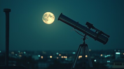 Fototapeta premium telescope set up on a rooftop, glinting under the soft glow of the moonlight