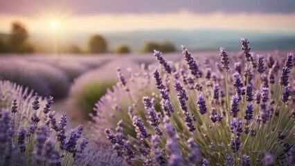 Obraz premium Field of blooming lavender, beautiful sunset light, soft pastel colors, rows of lavender bushes stretching to horizon