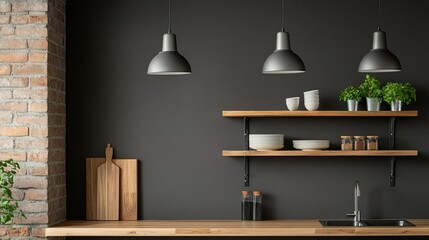 Loft kitchen with metal pendant lights and open shelving, raw materials, industrial functionality