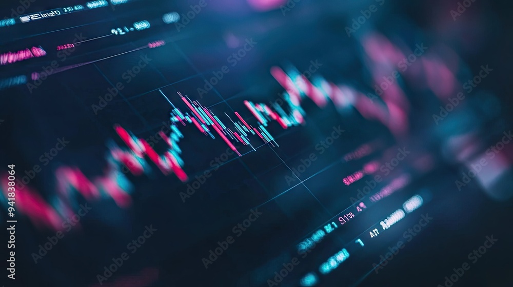 Poster close-up of a stock chart with detailed candlestick patterns and trading volume bars, on a financial
