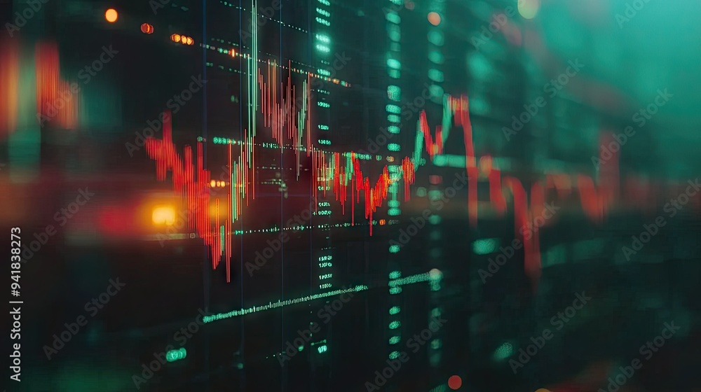 Poster close-up of a stock chart with dynamic candlestick patterns and fluctuating lines on a digital scree