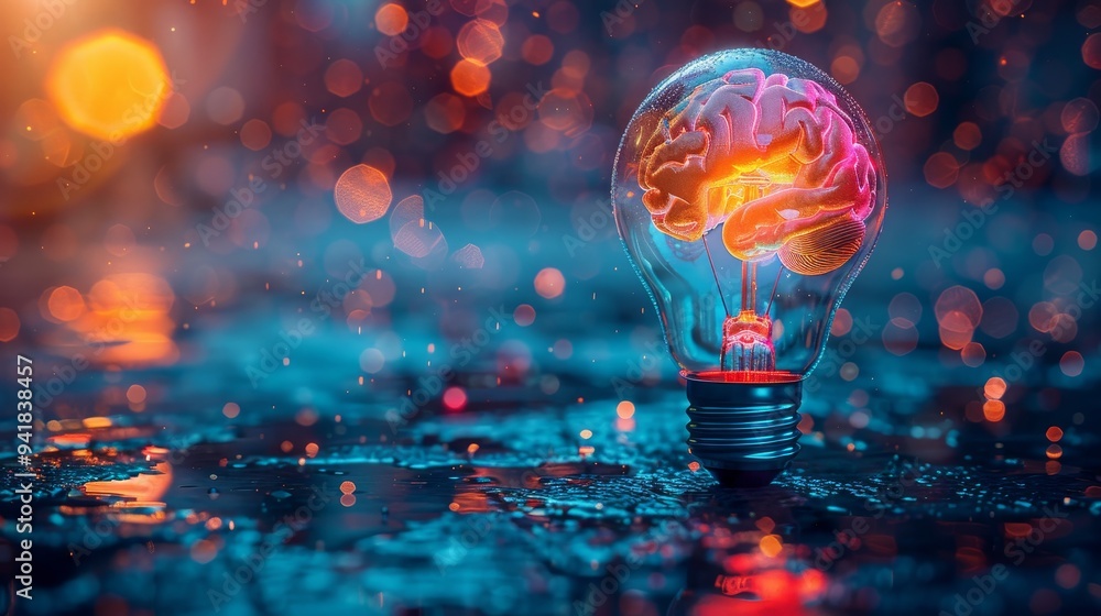 Poster a glowing brain encapsulated within a light bulb, illustrating the merging of human intelligence and