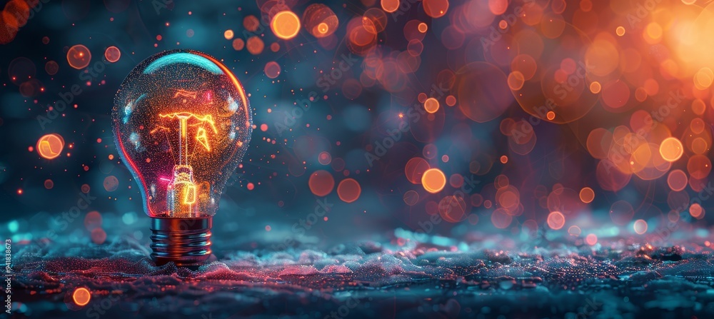 Poster a detailed shot of an illuminated light bulb set in an abstract and dreamy environment filled with s