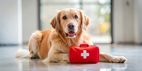 Golden Retriever Holding a Red First Aid Kit, Dog, First Aid, Pet Care, Medical