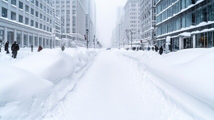 Obraz premium A snowstorm in the city, with snow piling up on streets and buildings, and people bundled up against the cold