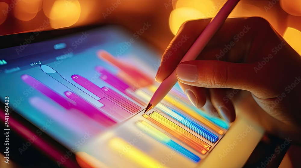 Poster close-up of a tablet displaying a multicolored bar graph, with a stylus pen in hand
