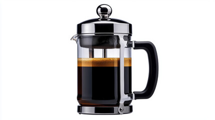 Obraz premium French press coffee maker with brewed coffee inside, showcasing sleek design and rich color.