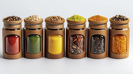 Colorful spices in wooden jars create vibrant display, showcasing variety of textures and hues. arrangement evokes sense of warmth and culinary creativity.