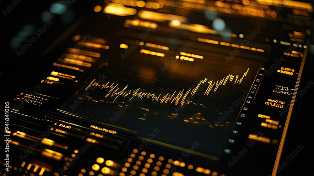 Poster close-up of a trading dashboard featuring a gold price graph with dynamic changes and historical dat