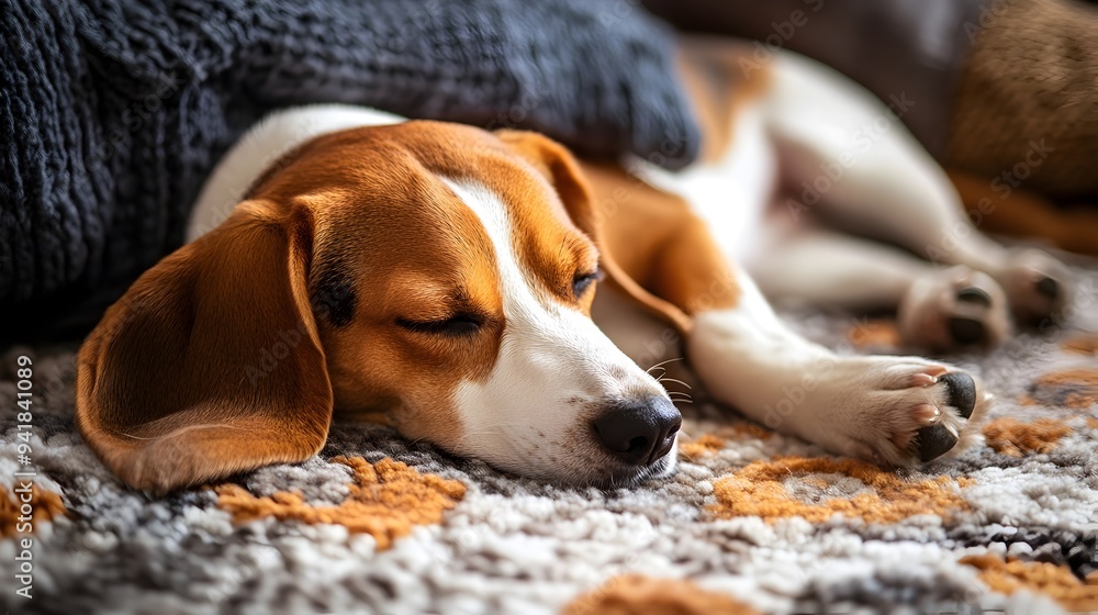 Poster a cute beagle dog lying down on a soft textured rug in a cozy welcoming indoor setting with ample co