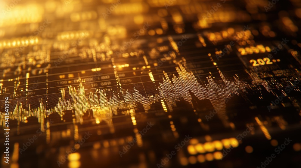 Poster close-up of a trading dashboard featuring a gold price graph with dynamic changes and historical dat