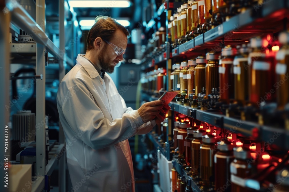 Poster a scientist looks at his phone while wearing a lab coat, possibly checking messages or data