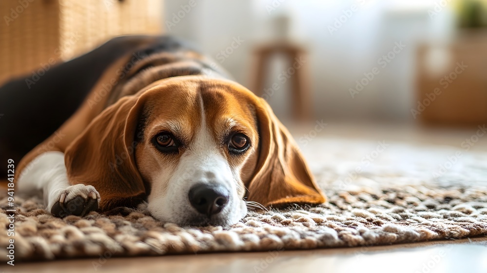 Poster adorable beagle dog lying down on a soft plush rug in a cozy comfortable home setting with ample cop