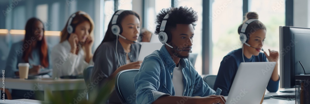 Poster A dedicated and diverse group of customer service representatives wearing headsets, working on computers in a contemporary office environment, providing support to clients efficiently.