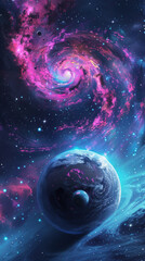 A tall, vibrant depiction of a cosmic scene, featuring a swirling nebula in hues of pink and blue, surrounded by small, twinkling stars. 