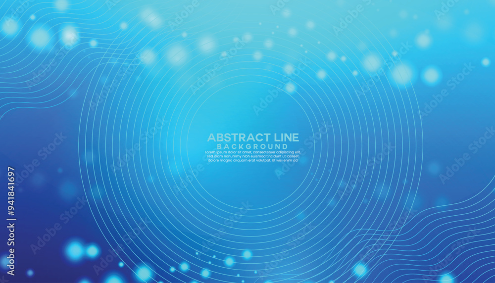 Poster blue gradient color abstract line art and bokeh effect background design. circle line geometric back