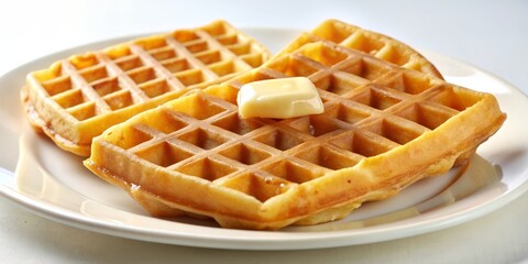 Golden Waffles with a Pat of Butter on a White Plate, breakfast , food , waffle , butter