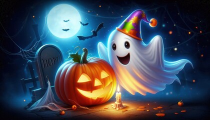 Fototapeta premium Realistic digital illustration of a friendly ghost wearing a colorful party hat, floating next to a carved pumpkin with a glowing smile, set in a festive Halloween night scene