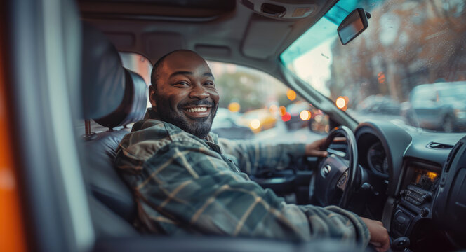 A black Uber taxi driver smiles benevolently while sitting in the car.
