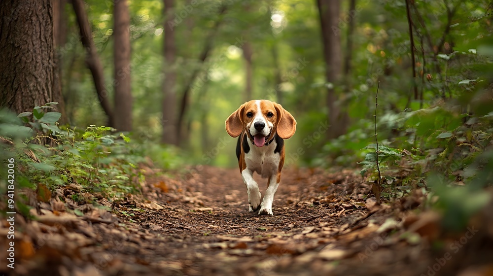Poster a friendly beagle dog curiously wandering down a scenic forest trail with plenty of open space in th