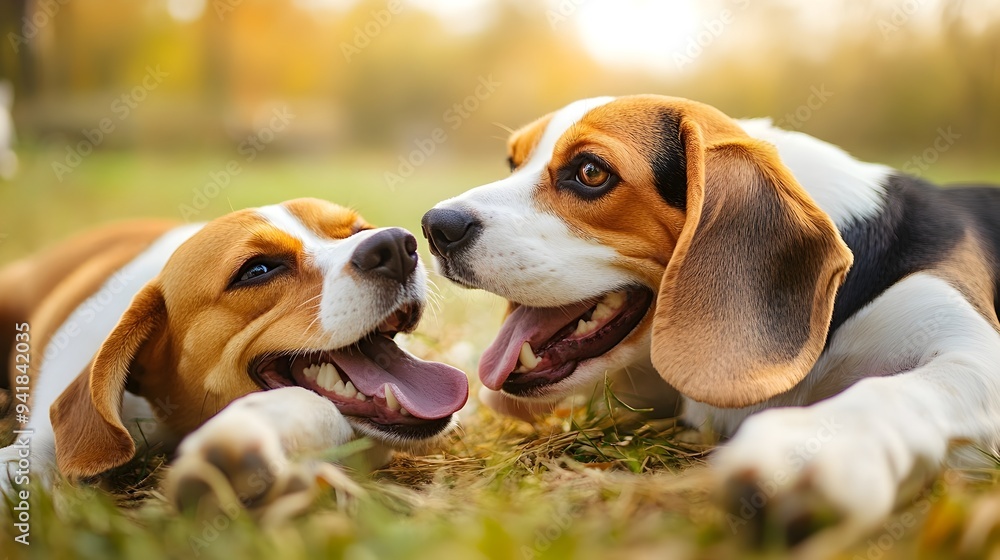 Poster two beagle dogs playfully chasing and running after each other in a lush grassy park with plenty of 