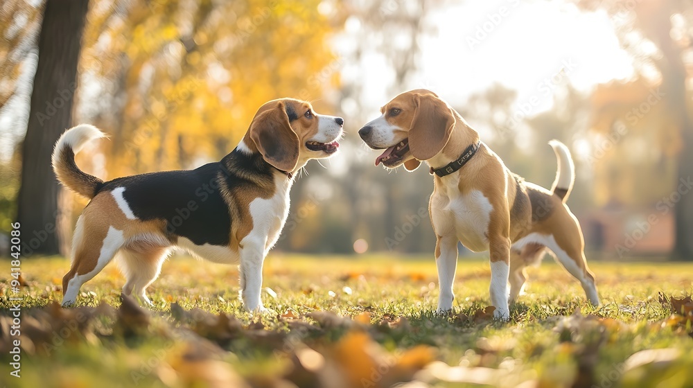Poster two energetic beagle dogs playing and exploring in a lush green park with ample copy space for text 