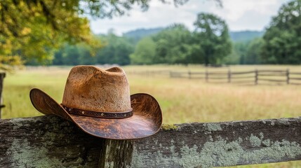 Close-up of a vintage cowboy hat with a leather band, placed on a rustic wooden fence with a country landscape